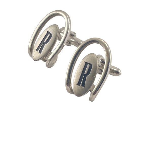 Vintage Swank Silver Tone Initial "R" Cufflinks 1" Oval Design - Picture 3 of 8